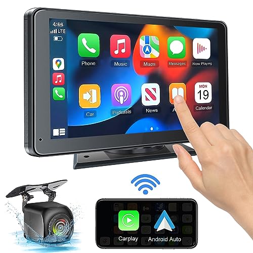 PASLDA Portable Newest Wireless Apple CarPlay and Android Auto Screen for Car, 7' HD Touch Screen Car Stereo with Mirror Link, Bluetooth 5.2, Backup Camera, AUX,FM Transmitter for All Vehicles