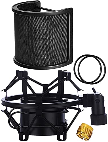 Microphone Shock Mount with Pop Filter, Mic Anti-Vibration Suspension Shock Mount Holder Clip for Diameter 46mm-51mm Microphone