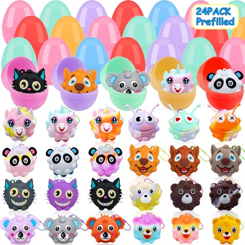 24 PCS Prefilled Easter Eggs with Toys Inside, Jumbo Easter Eggs Filled Pop Balls Perfect for Easter Egg Hunt Easter Baskets Stuffers for Kids Easter Gifts Easter Party Favors