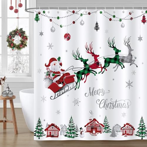Bonhause Merry Christmas Shower Curtain Red and Green Check Plaid Santa Claus Sleigh Reindeer Decorative Bath Curtain 72 x 72 Inch Bathroom Curtain with 12 Hooks