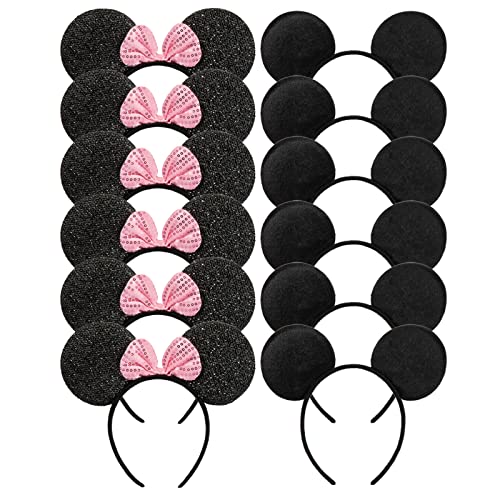 CHuangQi Mouse Ears Solid Black and Pink Sequins Bow, Set of 12
