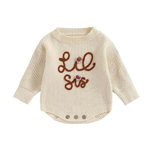VISGOGO Little Sister Matching Set Baby Girls Knitted Sweater Embroidery Toddler Long Sleeve Clothes (Beige-Lil Sis, 0-3 Months)