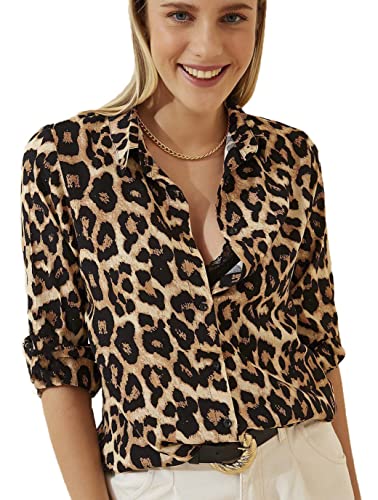 Blouses for Women Fashion, Casual Long Sleeve Button Down Shirts Tops, XS-3XL (Leopard Print, Medium)