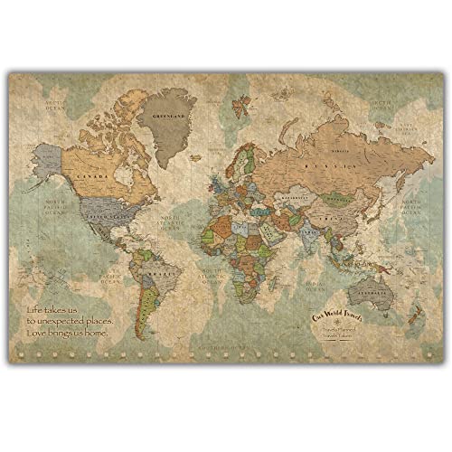 Holy Cow Canvas Personalized Push Pin World Map on Canvas in Vintage Earth Tones, Customize with Your Names and Favorite Travel Quote, Choose from 3 Sizes, Push Pins Included, World Map Pin Board