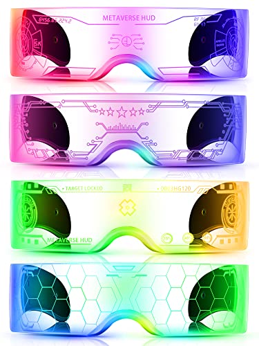TOODOO 4 Pairs LED Visor Glasses Light up Glasses Futuristic Luminous Rave Glasses 7 Colors 4 Modes for Club Christmas Party (Stylish Style)