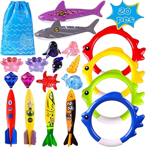 Woplagyreat Summer Pool Diving Swimming Toys for Kids, Fun Swim Games Sinking Set, Underwater Dive Gifts with Storage Bag Include Torpedo Gems Shark Rings Sea Animals for Boys Girls Toddlers 20 Packs