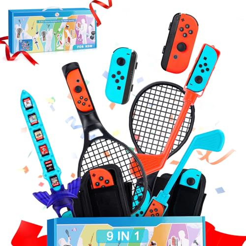 SIKEMAY Switch Sports Accessories, 9-in-1 Bundle for Nintendo Switch Games, Switch Sports Pack for Nintendo Switch Games, with Joycon Wrist Straps, Tennis Rackets, Golf Clubs, Leg Straps, Sword