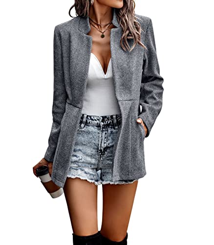 chouyatou Women's Casual Business Open Front Long Sleeve Notch Lapel Office Blazer Jacket (Large, Grey)