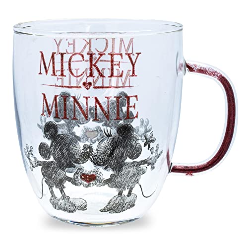 Silver Buffalo Disney Mickey and Minnie Kiss and Heart Hands Glitter Handle Glass Mug, 14 Ounces