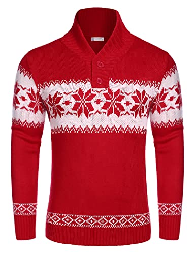 COOFANDY Mens Ugly Christmas Sweater V-Neck Pullover Casual Fair Isle Sweater Red L