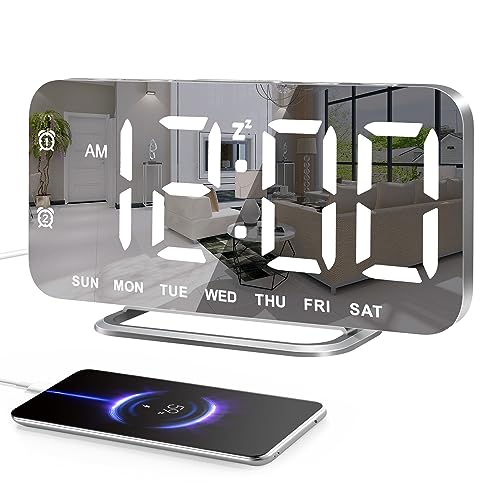 Super Slim LED Digital Alarm Clock, Mirror Surface for Makeup, with Diming Mode, 4 Levels Brightness, Large Display, Easy Setting, Dual USB Ports, Modern Decoration for Home, Bedroom Decor, Silver