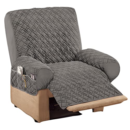 Collections Etc Diamond-Shape Quilted Stretch Recliner Cover with Storage Pockets and Elastic Straps - Furniture Protector