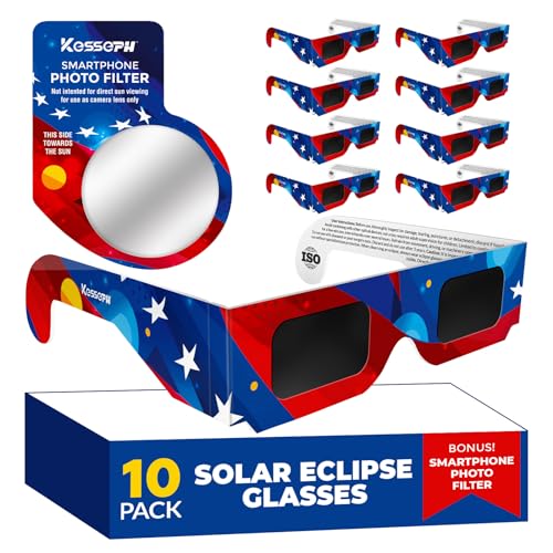 Solar Eclipse Glasses AAS Approved 2024, (10 Pack) CE and ISO Certified Eclipse Observation Glasses, Safe Shades for Direct Sun Viewing, Bonus Smartphone Photo Filter Lens, American Flag Design