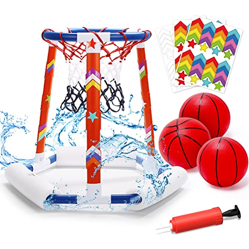 EagleStone Pool Basketball Toys, Floating Basketball Hoop for Pool Game, Inflatable Swimming Pool Toys for Toddlers with 3 Large Balls, Pump, Water Basketball Hoops w/Stickers for Kids and Adults