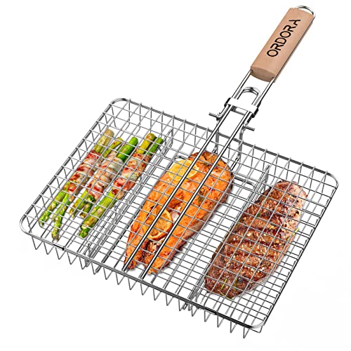 ORDORA Grill Basket, Fish Grill Basket, Rustproof Stainless Steel BBQ Grilling Basket for Meat,Steak etc, Grill Accessories,Grilling Gifts for Men Dad