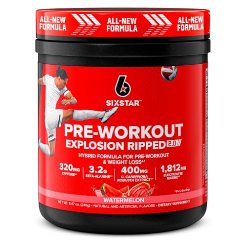 Six Star Pre-Workout Explosion Ripped 2.0 Watermelon - Endurance Powder with Caffeine, Beta-Alanine, Lactic Acid Buffer, Electrolyte Recovery, C. canephora Robusta for Weight Loss - 30 Servings