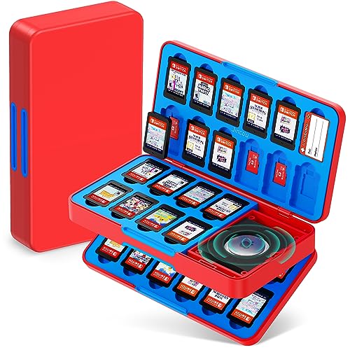 JINGDU 40-Slot Traceable Switch Game Case Compatible with Nintendo Switch Games, Holds 40 Switch Game Cards and 24 Micro SD Cards, with Hidden AirTag/Tile Tracker Slot, Red