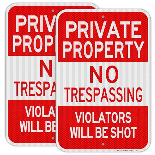 Private Property No Trespassing Sign 2 Pack, Large 18'x12' Violators Will Be Shot Sign, Heavy Duty Reflective Aluminum, Rust Free Weather Resistant