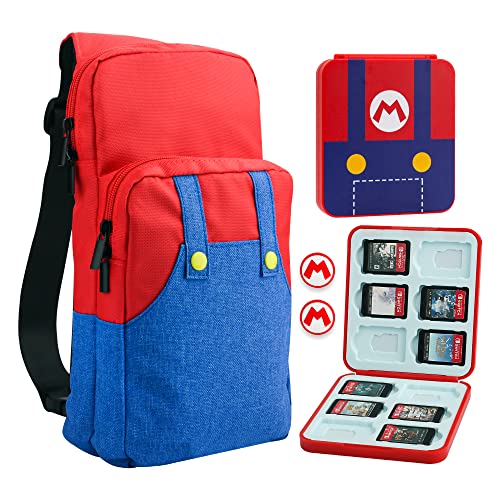 FUNDIARY Travel Bag for Nintendo Switch, OLED & Lite Carrying Case, Portable Shoulder Bag Set for Switch, Crossbody Backpack Accessories Bundle with Game Case and 2 Thumb Caps - for Super Mario