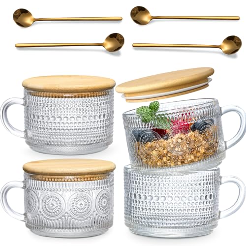 LANDNEOO 4pcs Set Vintage Coffee Mugs gifts for women, Overnight Oats Containers with Bamboo Lids and Spoons - 14oz Clear Embossed Glass Cups, Cute Coffee Bar Accessories, Iced Coffee Glasses
