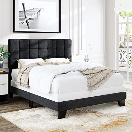 Allewie Queen Size Panel Bed Frame with Adjustable Headboard for High Profile/Fabric Upholstered/Square Stitched Padded Headboard/Box Spring or Bunkie Board Required/Dark Grey