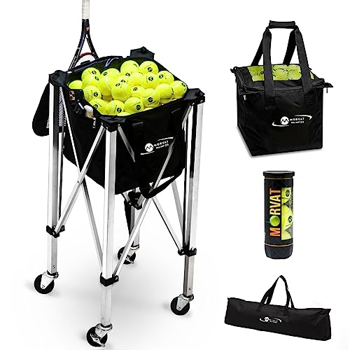 Morvat Heavy-Duty Pro Tennis Ball Cart 2.0, Holds 165 Tennis Balls- Premium Practice Hopper, Pickleball, Compact & Lightweight, Cell Phone Zipper Pocket, Easy Bag Removal- 3 Balls & Carry Bag Included