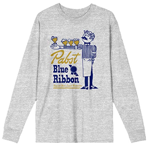 Bioworld Pabst Blue Ribbon Bartender with Beer Men's Athletic Heather Long Sleeve Shirt-Large