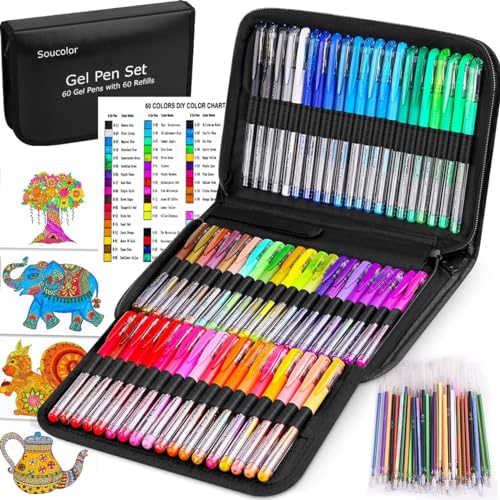 Soucolor 60 Colored Gel Pens for Adult Coloring Books, Deluxe 120 Pack- 60 Refills and Travel Case, with 40% More Ink Markers Set for Drawing Journaling Scrapbooking Art Kit Supplies