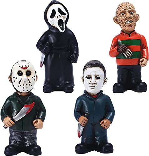 Horror Movie Garden Gnomes Statues, Nightmares Murderers Michael Myers Jason Leatherface Figurines, Horror Movie Sculpture Resin Craft for Halloween Christmas Garden Yard Decorations (4 -Pack)