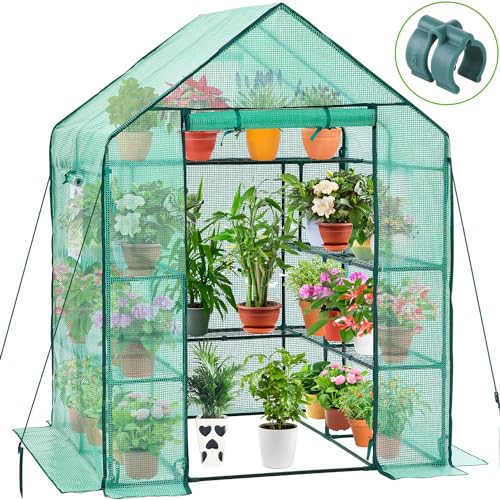 Greenhouse for Outdoors with Screen Windows, Ohuhu Upgraded 4 Tiers 11 Shelves Walk-in Greenhouses with Durable PE Cover, Outside Garden Plastic Green House with Ground Pegs & Ropes for Stability