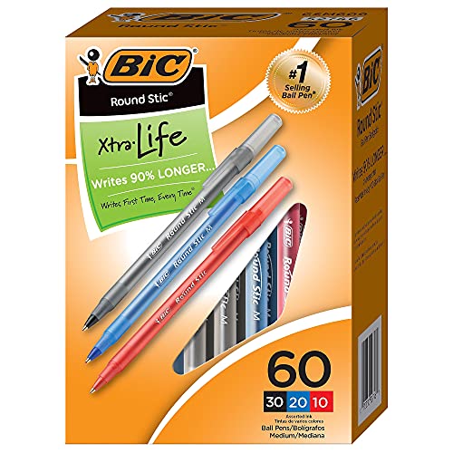 BIC Round Stic Xtra Life Assorted Ink Ballpoint Pens, Medium Point (1.0mm), 60-Count Pack of Bulk Pens, Flexible Round Barrel for Comfortable Writing, No. 1 Selling Ballpoint Pens