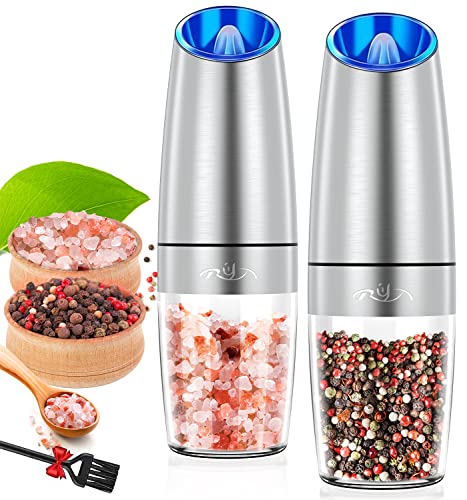 Gravity Salt and Pepper Mill Set, Pepper Grinder with Ceramic Rotor, Acrylic Container,Stainless Steel Middle, Blue LED Light,Battery Powered, Adjustable Coarseness,One Hand Use,Sliver, By Rongyuxuan