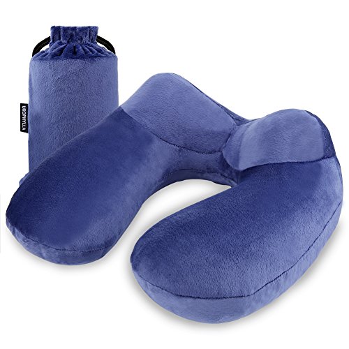 urophylla Inflatable Travel Pillow for Airplane, Soft Velvet Inflatable Travel Neck Pillow for Airplanes, Train, Car, Home and Office with Packsack & Comfortable Velvet - Blue