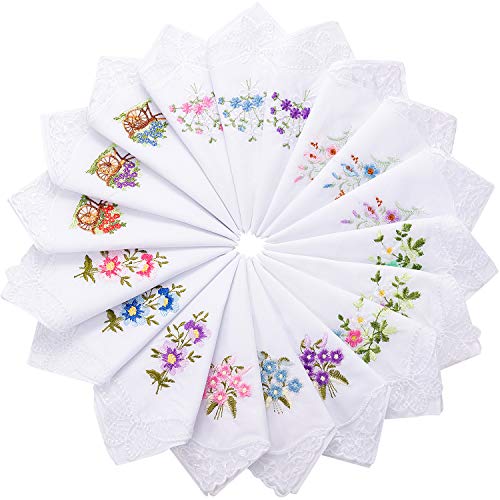 18 Ladies Cotton Handkerchiefs Flower Embroidered with Lace Colored Embroidered Handkerchiefs for Women
