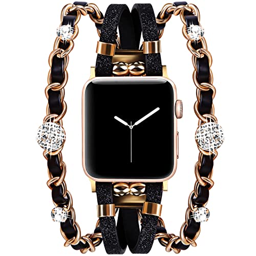 Vikoros Cute Bands Compatible with Apple Watch Band 44mm 45mm 42mm SE Series 7 6 5 4 3 2 for Women, Luxury Designer Thin Leather Metal Bracelet Charms Strap for iWatch Bands Black Gold