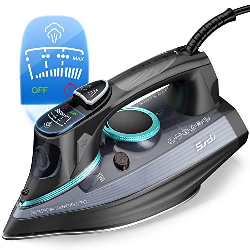 1700-Watt Steam Iron with Digital LED Screen, Ceramic Coated Soleplate, Anti-Drip, Self-Clean, 3-way Auto-Off Portable Iron with 4 Preset Steam&Temp Setting for Variable Fabric, 300ml Water Tank