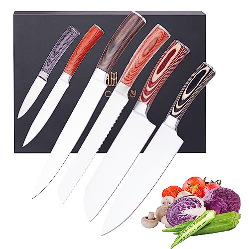 LUVCOSY Colorful Pakkawood Kitchen Knife Set of 6, Stainless Steel Chef Knife with Gift Box, Razor Sharp Bread Knife/Grill Knife/Utility Knife/Paring Knife/Santoku Knife for Home/Kitchen