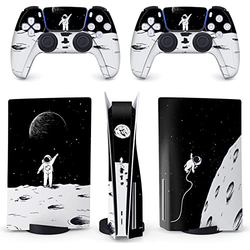 BelugaDesign Space Astronaut Skin PS5 | Galaxy Moon Spaceship Anime Cartoon | Cute Vinyl Cover Wrap Sticker Full Set Console Controller | Compatible with Sony Playstation 5 (PS5 Disc, Black White)