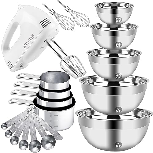 WEPSEN Hand Mixer Electric Mixing Bowls Set, 5 Speeds Handheld Mixer with 5 Nesting Stainless Steel Mixing Bowl, Measuring Cups Spoons 200W Kitchen Blender Whisk Beater Baking Supplies For Beginner