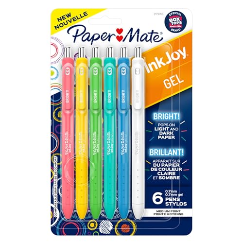 Paper Mate Inkjoy Gel Bright! Pens, Medium Point (0.7mm), Retractable, Assorted Opaque Ink, 6 Count