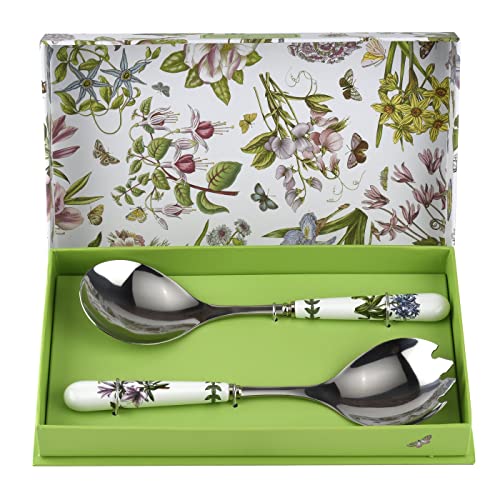 Portmeirion Botanic Garden Set of 2 Salad Servers | 10 Inch Salad Serving Set | Azalea and African Lily Motifs | Made from Stainless Steel and Porcelain