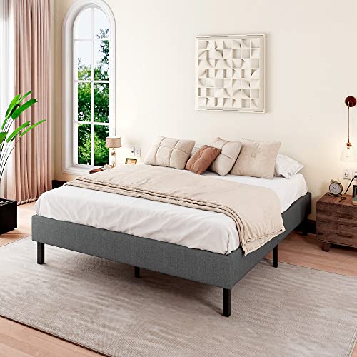 Allewie Queen Size Upholstered Platform Bed Frame/Wood Slats Support/Low Profile Bed Frame/No Box Spring Needed/Easy Assembly/Dark Grey