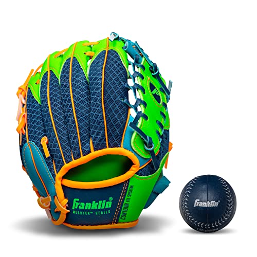Franklin Sports Baseball Gloves - Meshtek Child's Tball Glove + Ball - Boys + Girls Teeball Mitt Set - Kids + Toddler Right Hand Throw - 9.5' - Navy/Lime/Orange