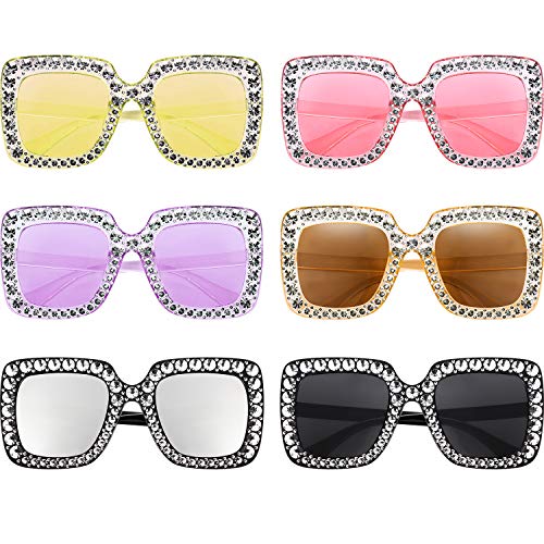 Frienda 6 Pairs Crystal Oversized Square Sunglasses Diamond Glitter Sunglasses Retro Thick Frame Sunglasses(Black, Silver, Pink, Light Pink, Light Yellow, Tawny)