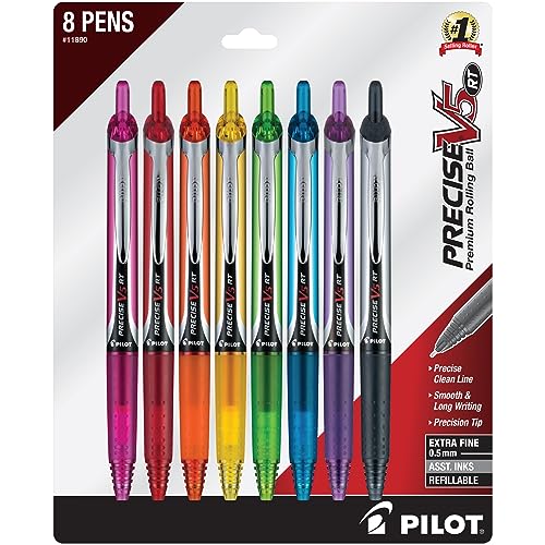 PILOT Precise V5 RT Extra-Fine Premium Retractable Rolling Ball Pens, 0.5mm, Assorted Colors, 8 Count (11890)