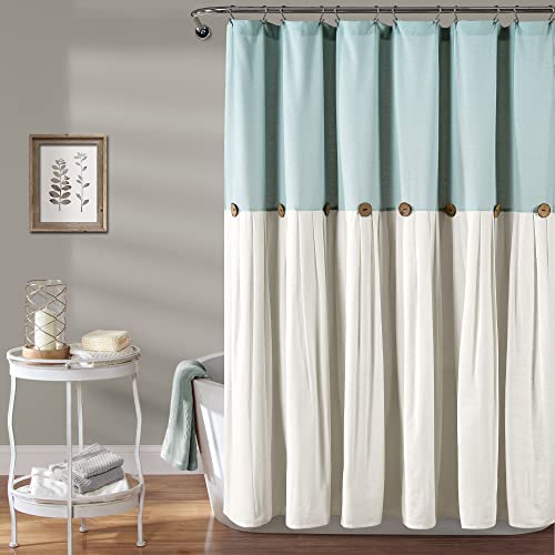 Lush Decor Linen Button Shower Curtain - Pleated Color Block Design With Coconut Button Detail - Farmhouse Style Bathroom Accessory - 72' W x 72' L, Blue & Off-White