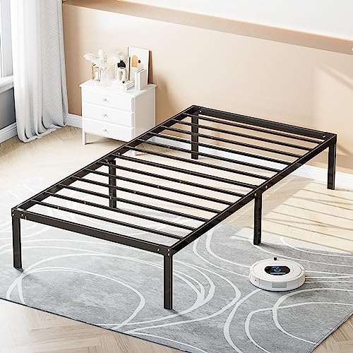 OLIXIS Metal Twin Bed Frame - 14in High with Storage Space, No Box Spring Needed with Sturdy Steel Slat Support, 350LBS Heavy Duty for Easy Assembly, Black for Bedroom