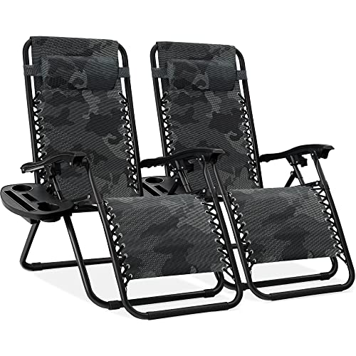 Best Choice Products Set of 2 Adjustable Steel Mesh Zero Gravity Lounge Chair Recliners w/Pillows and Cup Holder Trays, Camoflage