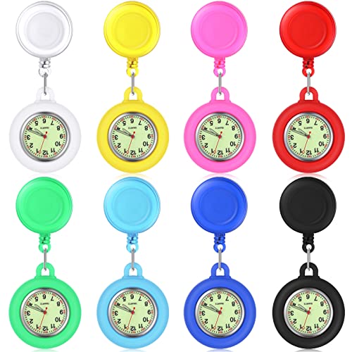 Outus 8 Pieces Retractable Nurse Watch Silicone Lapel Nurse Watch with Second Hand Clip on Watch Stethoscope Watch Nurse Fob Watch for Doctor Nurse Women and Men, 8 Colors (Classic Style)