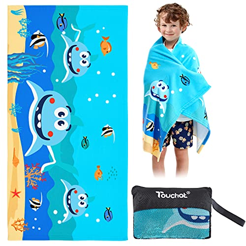 Touchat Beach Towel for Kids, Super Absorbent Quick Dry Cotton Beach Towel 24''x 48'', 300GSM Thick Soft Sand Free Cute Shark Beach Pool Swim Bath Travel Picnic Camping Towel for Boys Girls